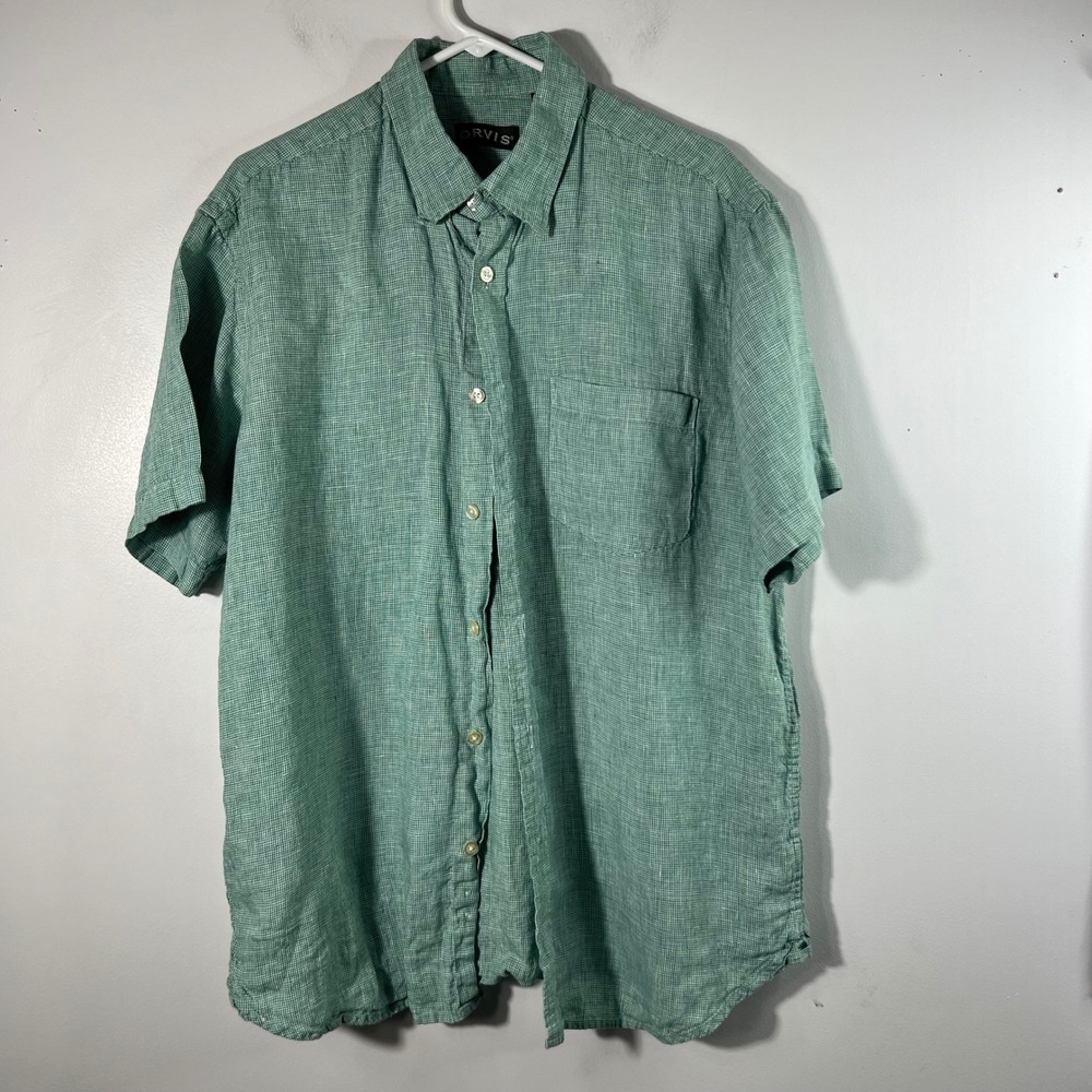 Mens Orvis Houndstooth Linen Button Shirt Short Sleeve White Green‎ L